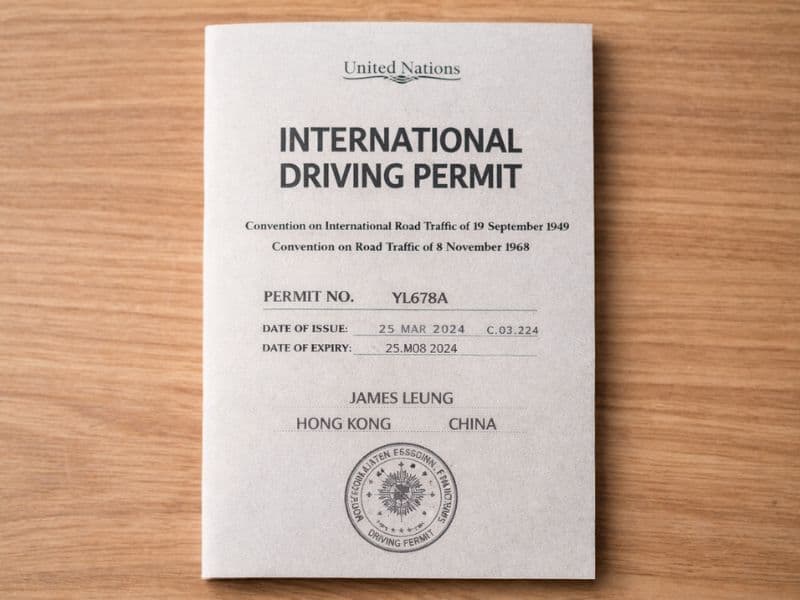 International driving permit booklet with Malaysian car rental key, passport, and road map — everything you need to self-drive in Malaysia.