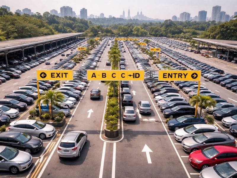 Aerial view of Kuala Lumpur parking lot with cars and directional signs