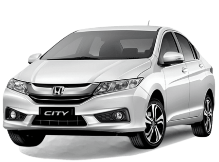 White Honda City car for hire, showcasing its sleek design and modern profile with prominent lines and alloy wheels, indicating a spacious and comfortable interior, ideal for stylish and efficient car hire service, set against a plain background to highlight the vehicle's elegance.