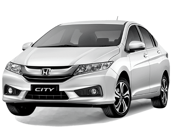 White Honda City car for hire, showcasing its sleek design and modern profile with prominent lines and alloy wheels, indicating a spacious and comfortable interior, ideal for stylish and efficient car hire service, set against a plain background to highlight the vehicle's elegance.