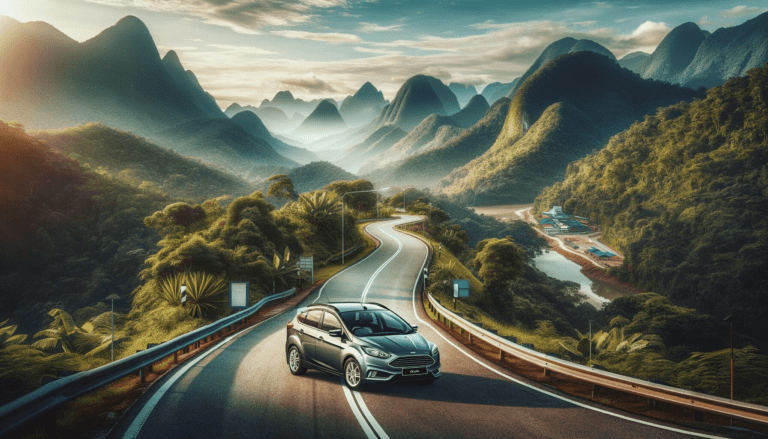 Modern rental car parked on a scenic road in Malaysia, surrounded by lush greenery and mountains, symbolizing the freedom and adventure of car rental travel.