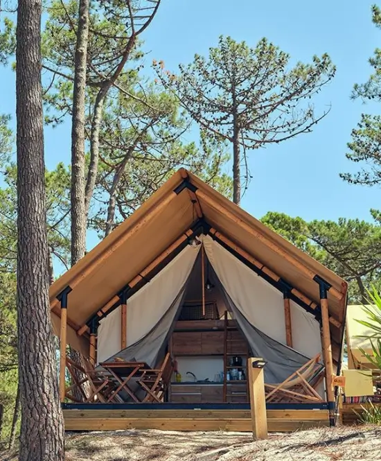 A sturdy canvas camping tent set upon a wooden platform amidst tall pine trees, offering a blend of rustic charm and comfort for an immersive nature experience with MJ Adventure Travel Services in Malaysia's great outdoors.