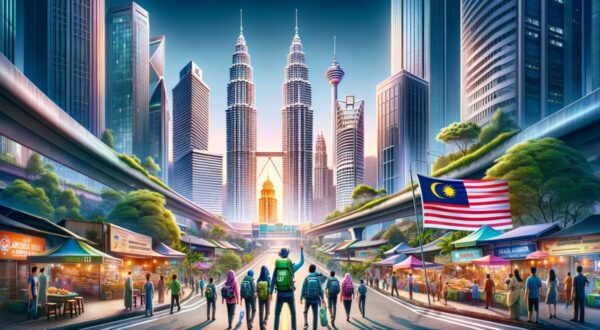 A vibrant street view of Kuala Lumpur in 2024 with tourists following a guide holding a 'MJ Adventure Travel' flag. The scene is alive with the city's modern skyscrapers, including the Petronas Twin Towers and the KL Tower, set against a backdrop of lush urban parks and bustling market stalls, reflecting the city's rich tapestry of cultural and urban attractions.