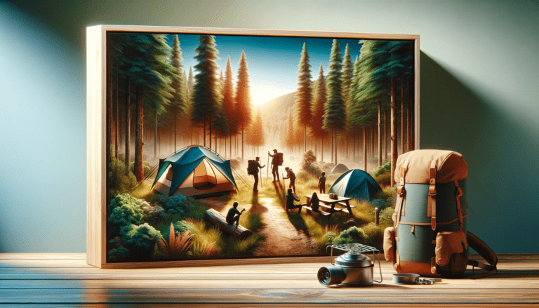 A serene forest scene showing a group of campers setting up a campsite with rented gear, including tents, backpacks, and a portable cooking stove. Tall, lush trees surround the site, and the clear blue sky above emphasizes a deep connection with nature. This image captures the joy and convenience of embarking on an outdoor adventure with the help of quality camping gear rental, illustrating the ease and accessibility of enjoying the great outdoors.